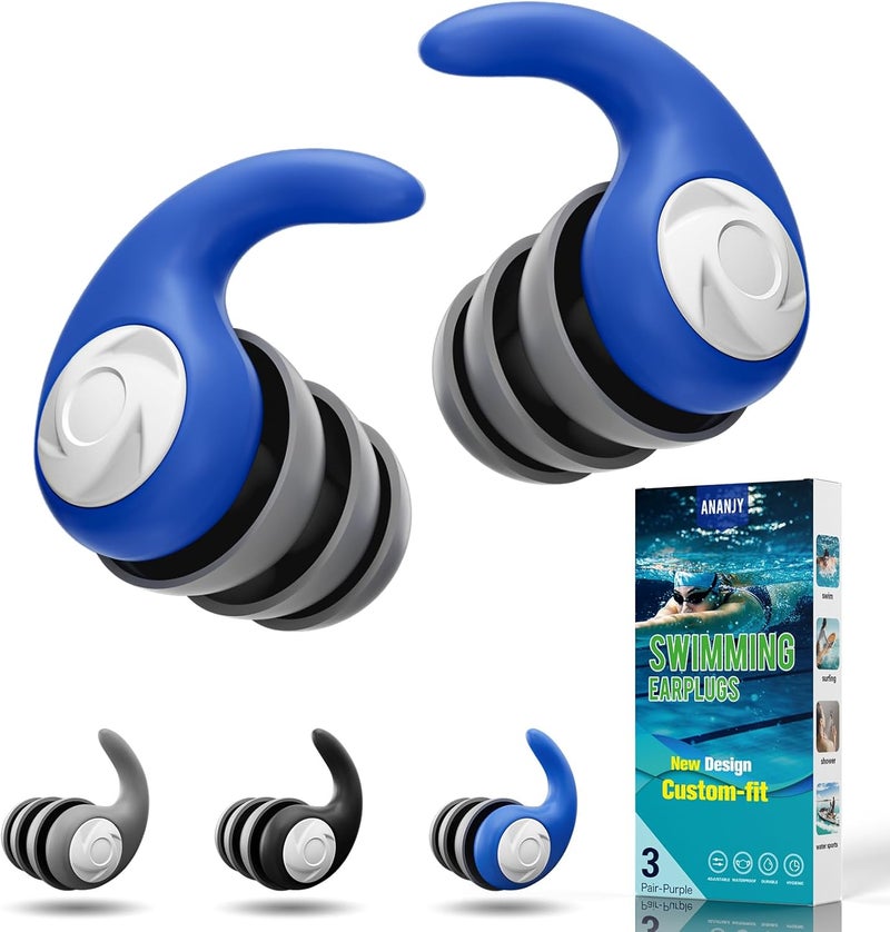 ANANJY Waterproof Swimming Ear Plugs for Adults - 3 Pairs of Reusable Soft Silicone Swim Earplugs,Perfect for Surfing, Diving,Pool,Showering and Other Water Sports - Keep Water Out and Ear Protection - Image 1